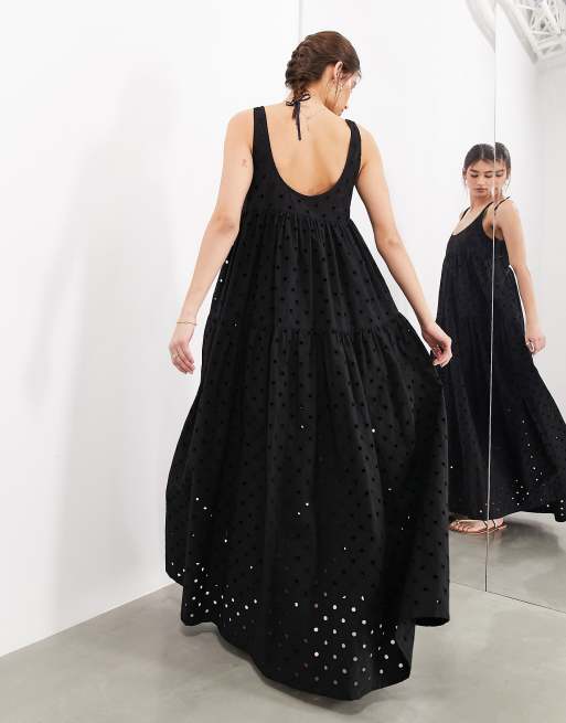 ASOS EDITION eyelet super full scoop neck tiered maxi dress in black, 3 of 4