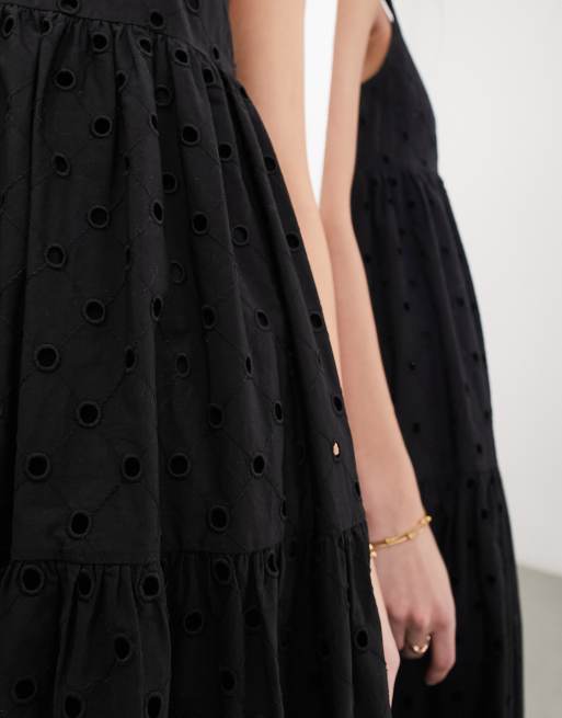 ASOS EDITION eyelet super full scoop neck tiered maxi dress in black, 4 of 4