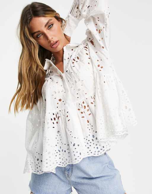 French Style Lace Eyelet White Blouse Women Lace Blouse French Cotton White  Shirt Half Sleeve Cotton Lace Blouse -  Canada