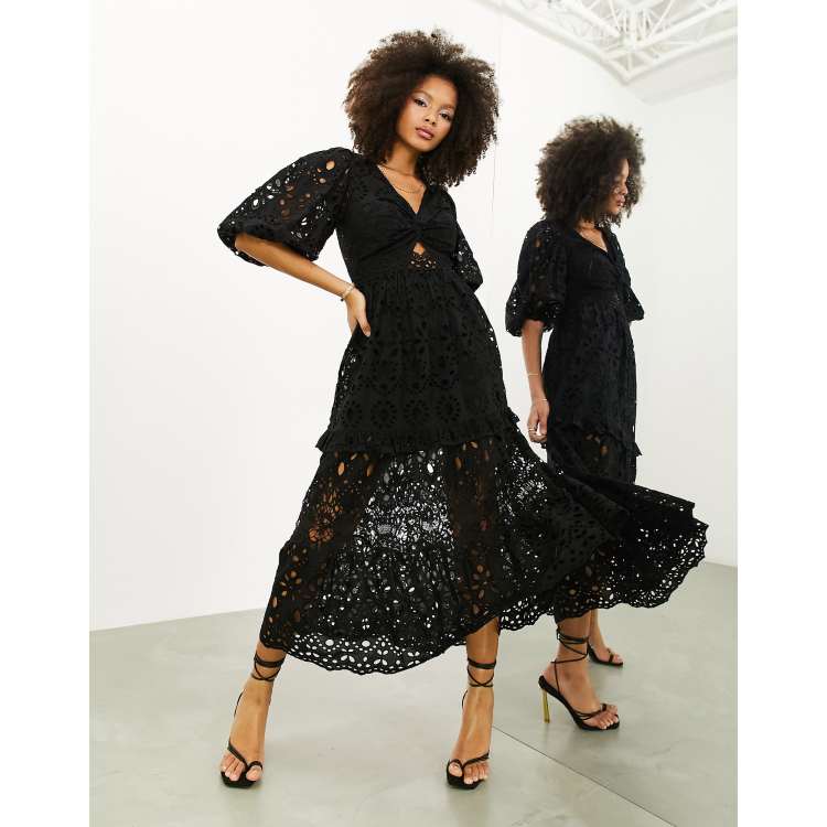 ASOS EDITION eyelet twist front midi dress with puff sleeve in black | ASOS