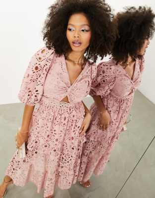 Asos Design Eyelet Twist Front Midi Dress With Puff Sleeve In Pale Pink