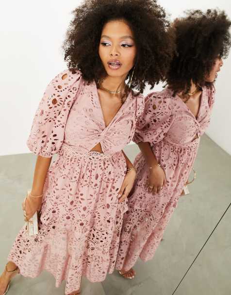 ASOS EDITION eyelet twist front midi dress with puff sleeve in pale pink - view 1