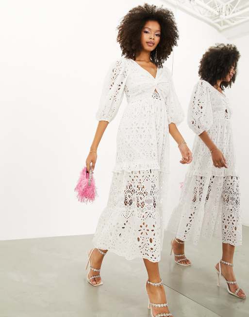 ASOS EDITION eyelet twist front midi dress with puff sleeve in white