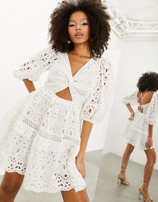ASOS EDITION wrap front broderie midi dress with blouson sleeve in white