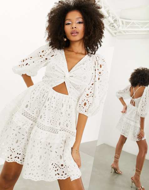 ASOS EDITION eyelet twist front mini dress with puff sleeve in white - view 1