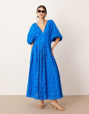 eyelet wide sleeve plunge midi dress in blue-White