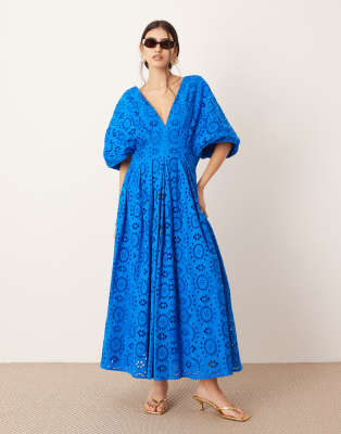 Asos Design Eyelet Wide Sleeve Plunge Midi Dress In Blue-white