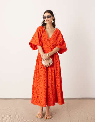 Asos Design Eyelet Wide Sleeve Plunge Midi Dress In Red-black In Orange