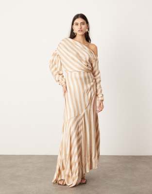 ASOS EDITION ASOS EDITION fallen shoulder maxi dress in stone stripe-Multi