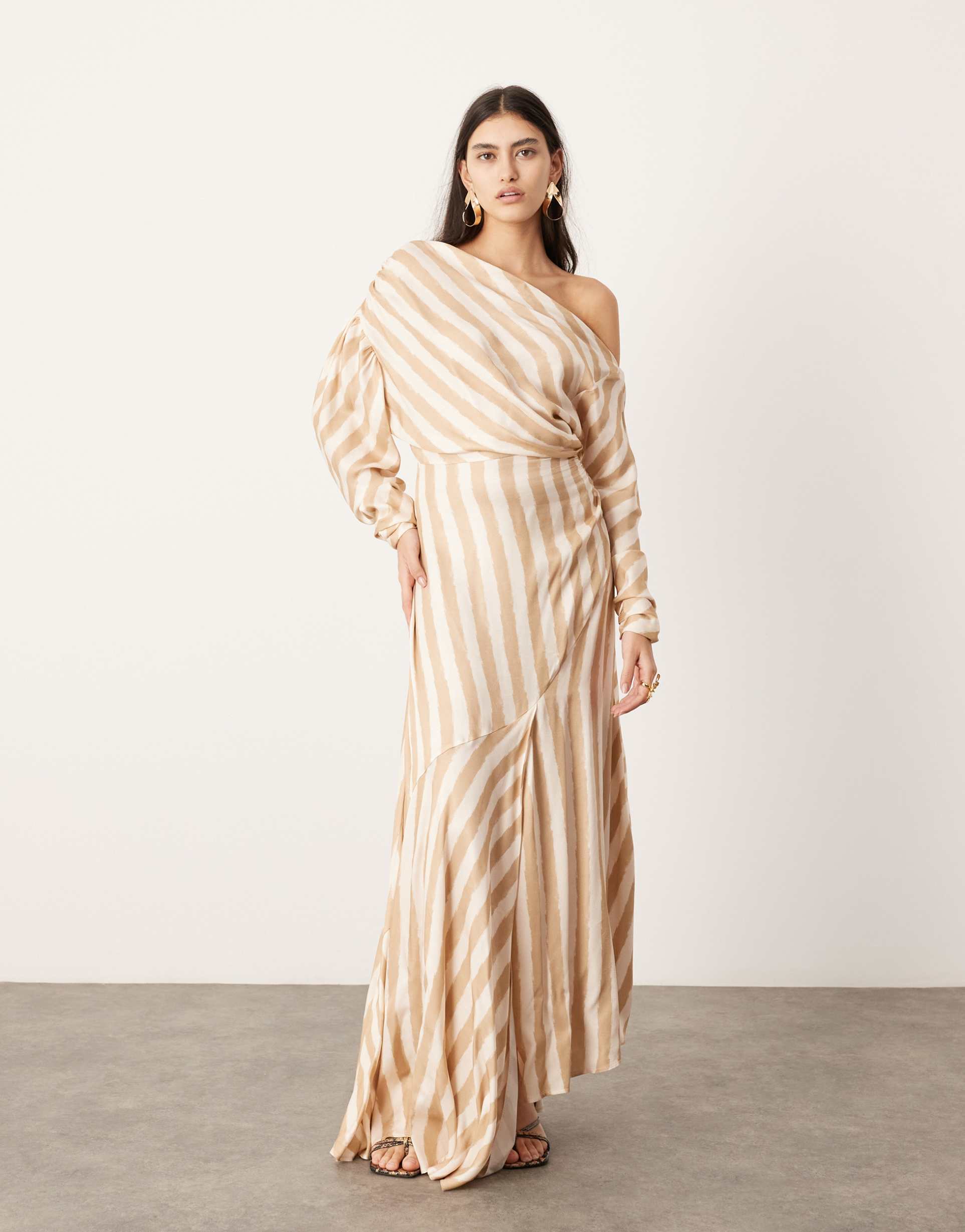 asos edition fallen shoulder maxi dress in stone stripe