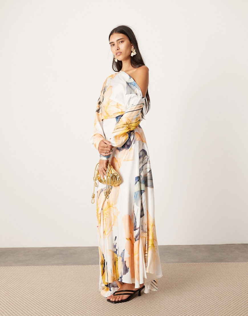 fallen shoulder midi dress in blurred floral print-Multi