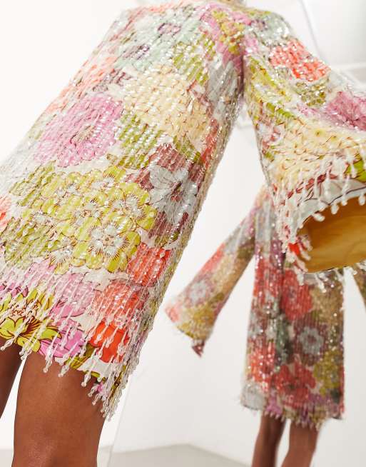 ASOS EDITION – Färgglad, blommig miniklänning med paljetter och hög krage, 4 av 4