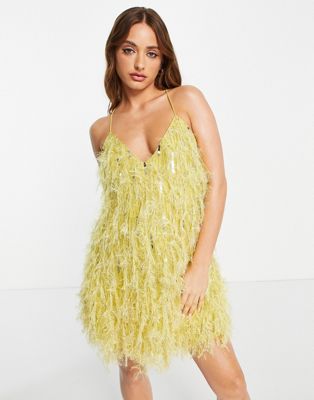 ASOS EDITION faux feather & sequin mini dress with low back in lemon | ASOS