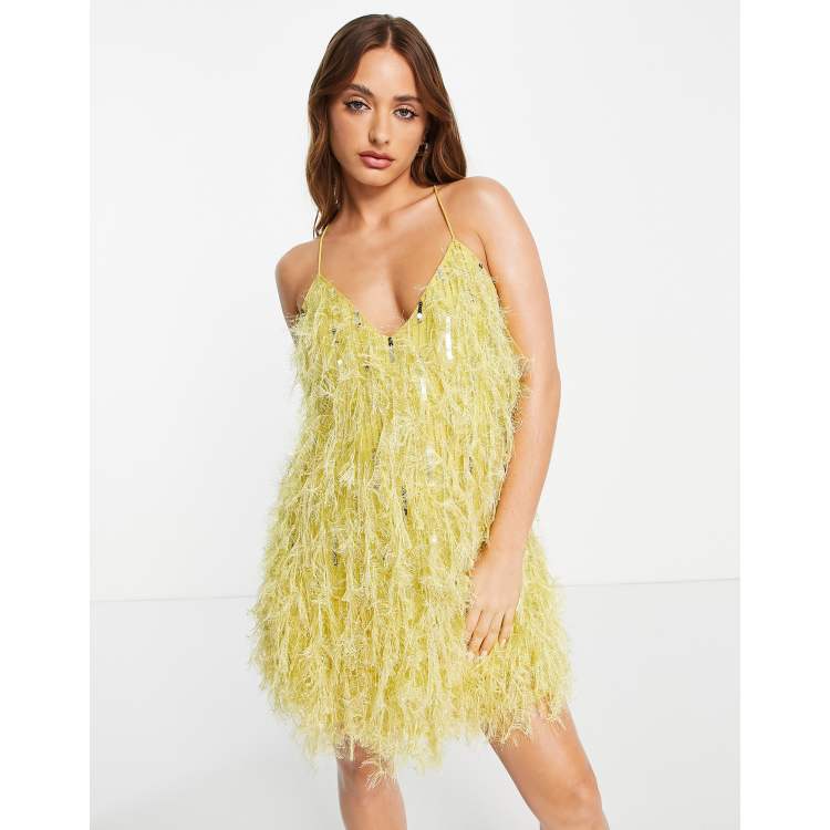 ASOS EDITION faux feather & sequin mini dress with low back in lemon