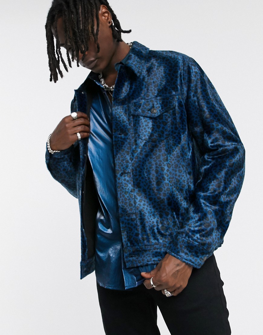 Asos Design Faux Fur Western Jacket In Blue Leopard Print
