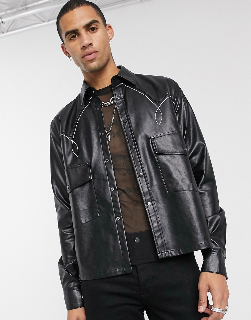 ASOS EDITION faux leather western overshirt in black with contrast stitching