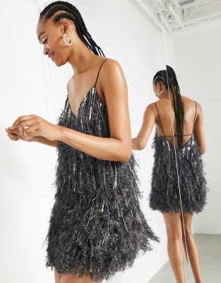 Asos Design Sequin And Faux Feather Mini Dress With Low Back In Charcoal Grey In Gray Modesens 