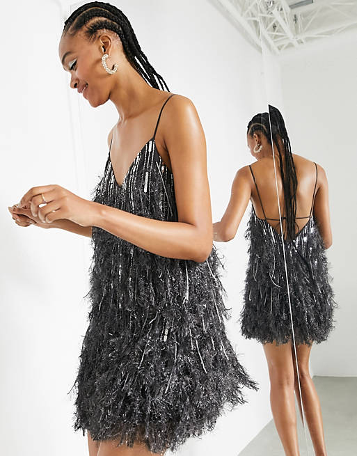 ASOS EDITION feather & sequin mini dress with low back in charcoal | ASOS