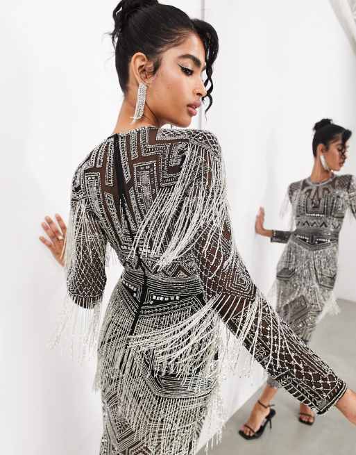 ASOS EDITION – Figurbetontes Midikleid in Schwarz mit Perlen, Fransen und Pailletten, 4 von 4