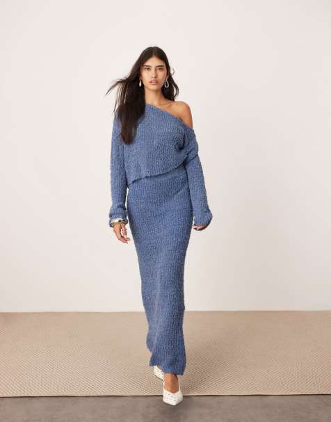 ASOS EDITION fine knit midaxi skirt and twist off shoulder cropped jumper set in slate blue - view 1
