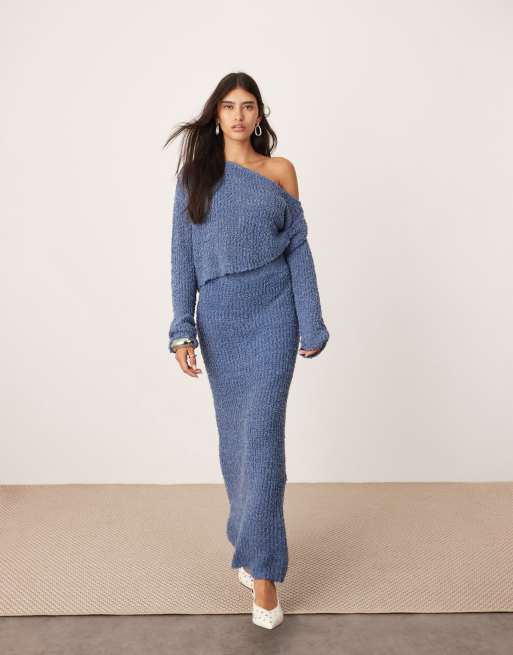 ASOS EDITION fine knit midaxi skirt and twist off shoulder cropped jumper set in slate blue