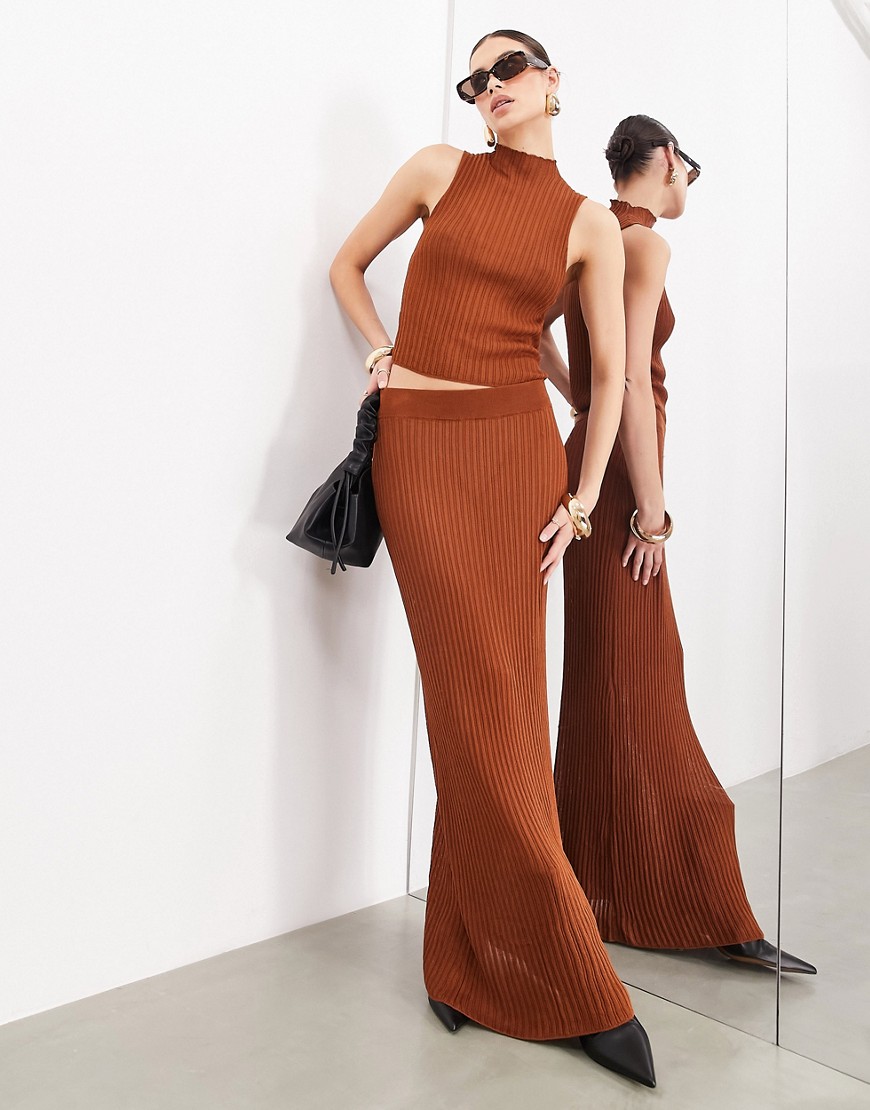 Asos Design Fine Knit Sheer Maxi Skirt In Rust - Part Of A Set-brown