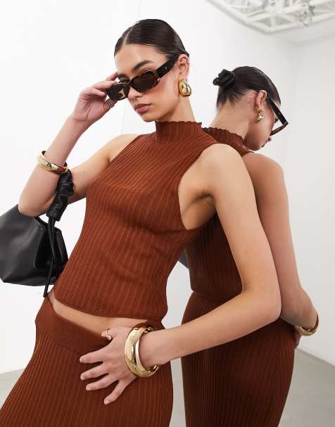ASOS EDITION fine knit sheer sleeveless top in rust - part of a set - view 1