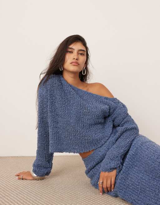 ASOS EDITION fine knit twist off shoulder cropped jumper co ord in slate blue