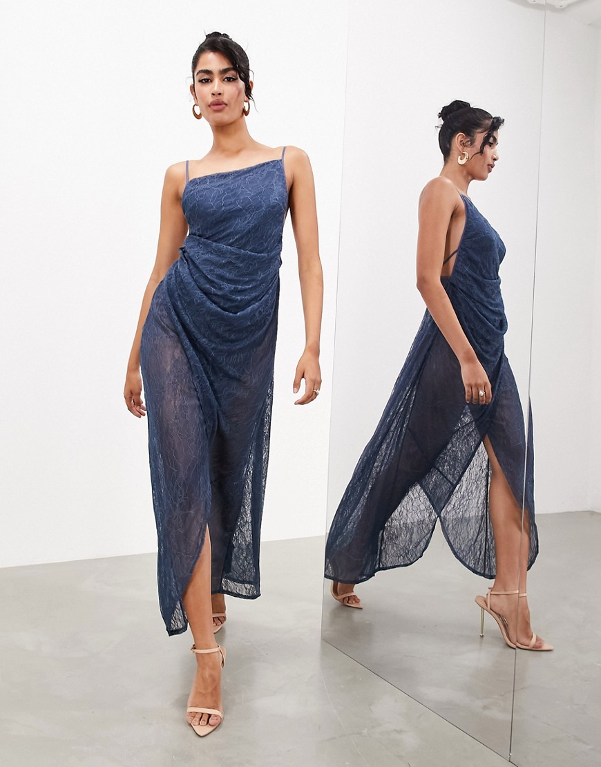 Asos Design Fine Lace Cami Maxi Dress With Drape Detail In Dark Blue