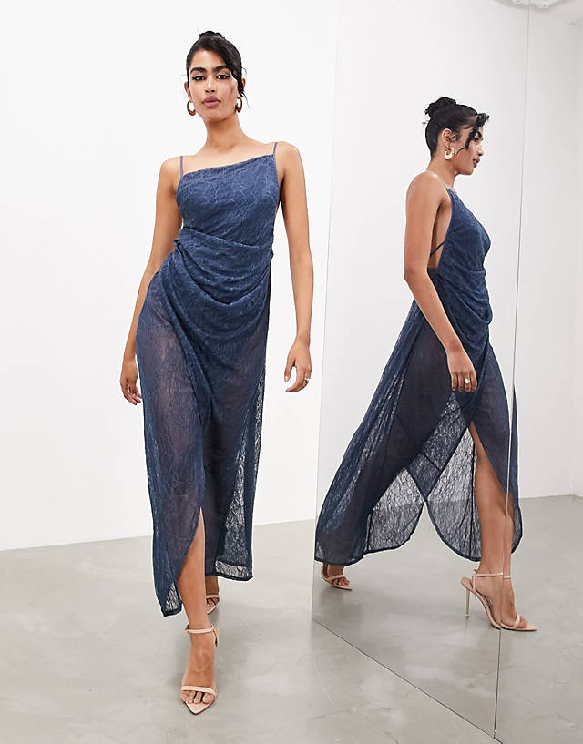 ASOS EDITION - fine lace cami maxi dress with drape detail in dark blue