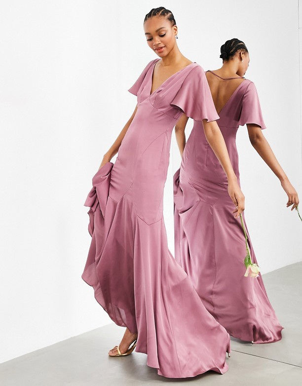 ASOS EDITION – Fioletowa satynowa sukienka maxi ze zwiewnym rękawem Orchidea Tani 