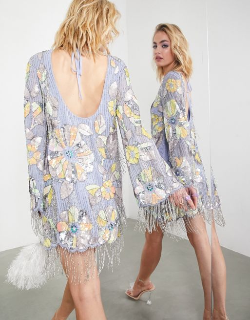 ASOS EDITION – Fioletowa sukienka mini z obniżonym tyłem i zdobieniami w  kwiaty | ASOS