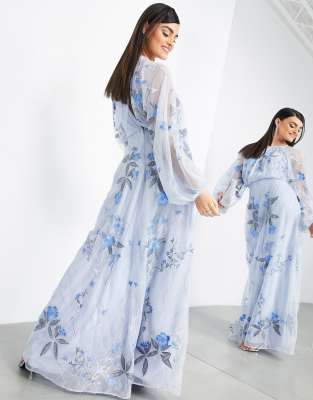 ASOS EDITION floral and leaf embroidered mesh maxi dress in pale blue