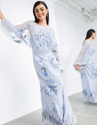 ASOS EDITION floral and leaf embroidered mesh maxi dress in pale blue | ASOS