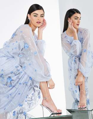 ASOS EDITION floral and leaf embroidered mesh maxi dress in pale blue | ASOS