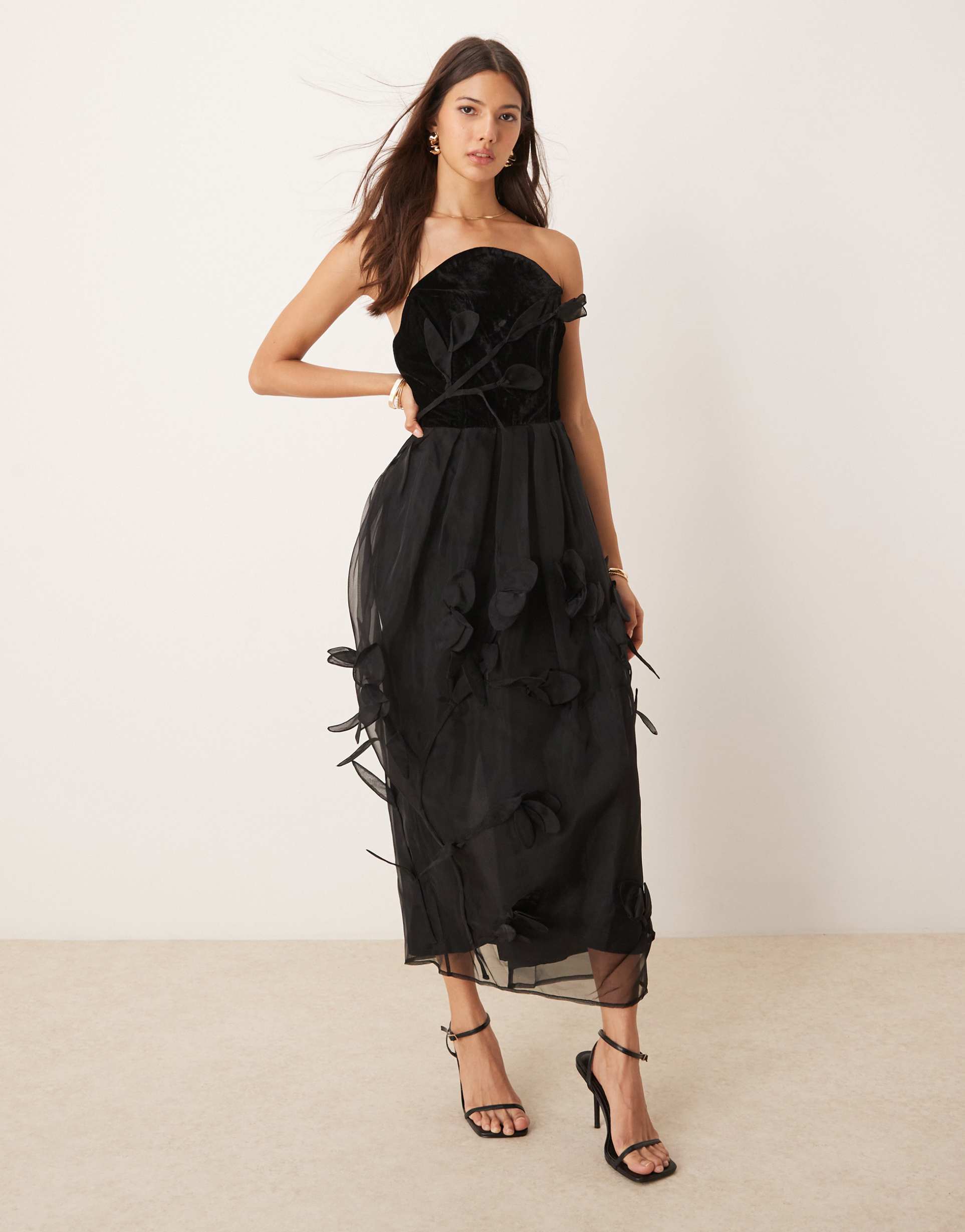 asos edition floral applique velvet bandeau with organza midi dress in black