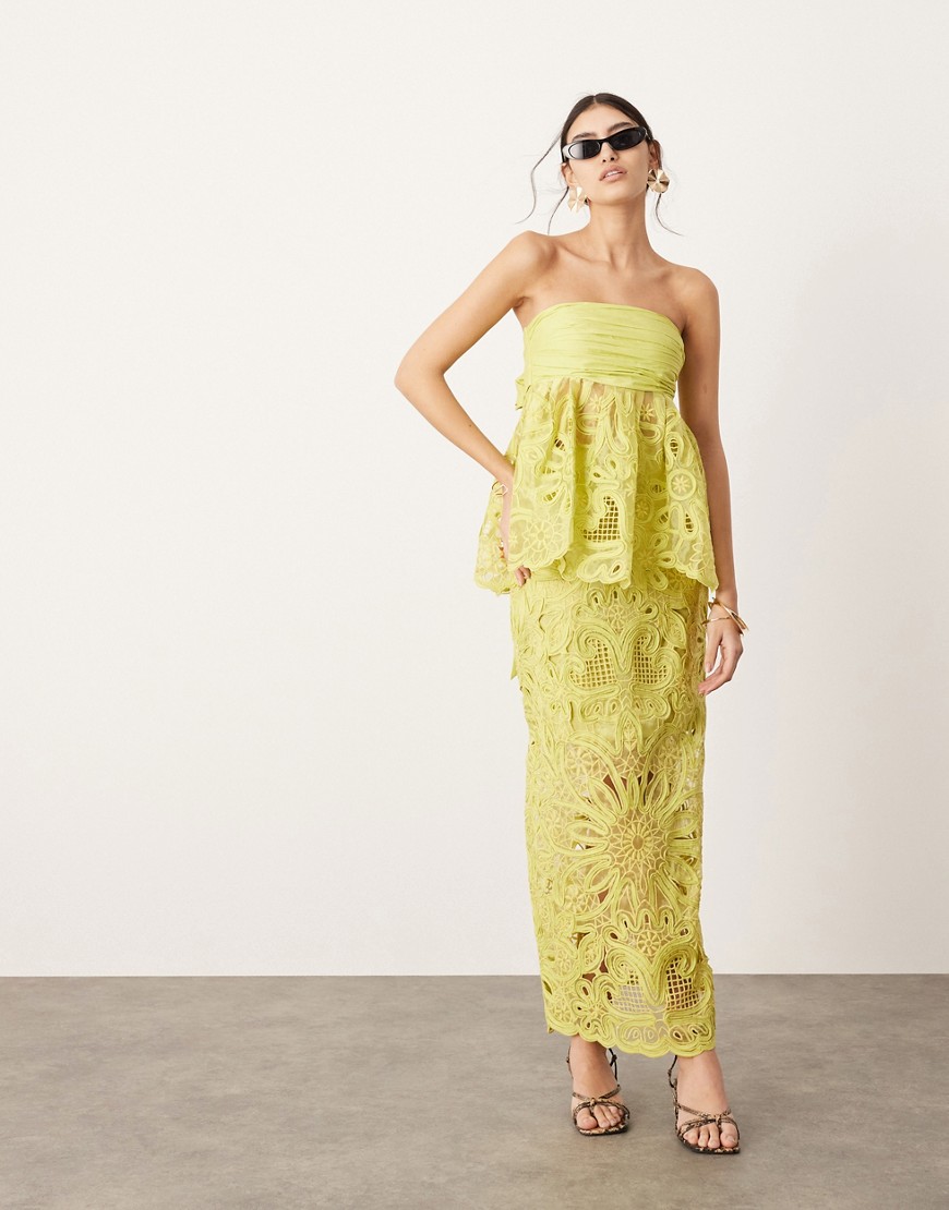 Asos Design Floral Cornelli Column Midi Skirt In Lime - Part Of A Set-green