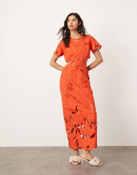 ASOS EDITION floral cut work cut out waist midi dress in red - view 1