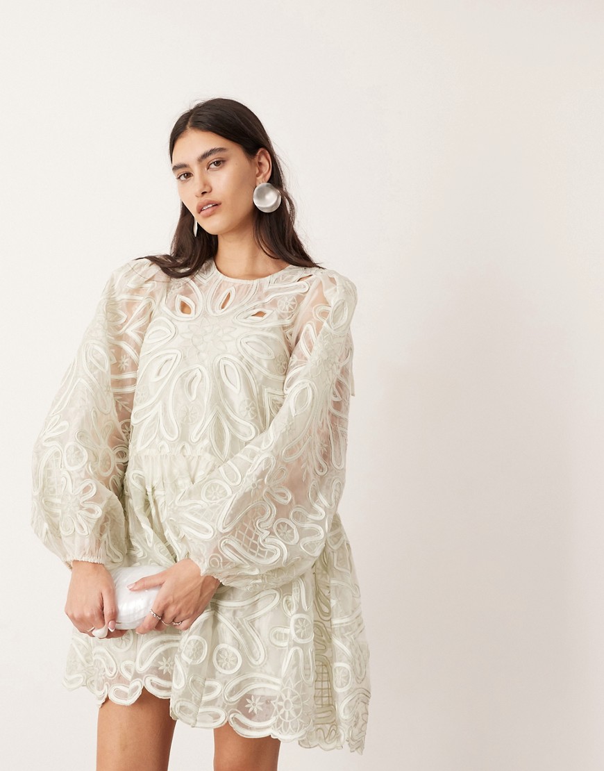 ASOS EDITION floral cutwork embroidered organza mini dress in sage green