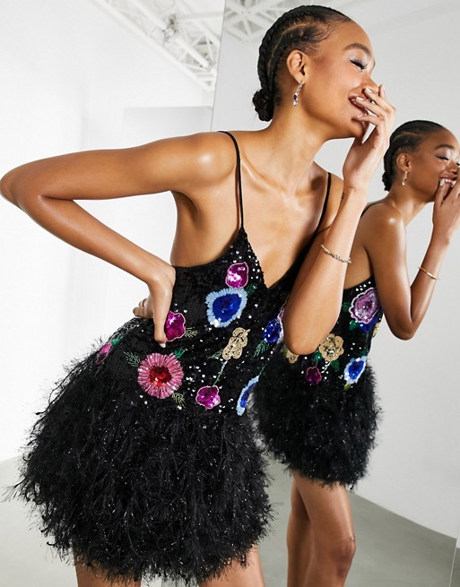 ASOS EDITION floral embellished cami mini dress with faux feather hem