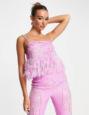 ASOS EDITION floral embellished cami top with feather hem in pink - ASOS Price Checker
