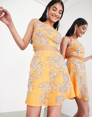 ASOS EDITION floral embellished linen mini skirt in orange - ASOS Price Checker