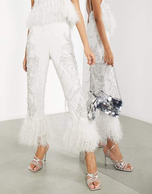ASOS EDITION floral embellished pants with faux-feather hem with in ivory, 4 of 4