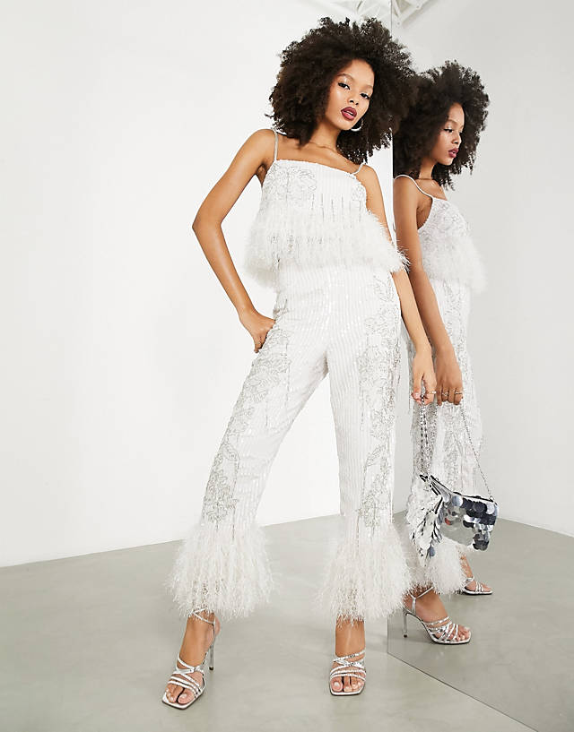 ASOS EDITION - floral embellished trouser faux feather hem with in ivory