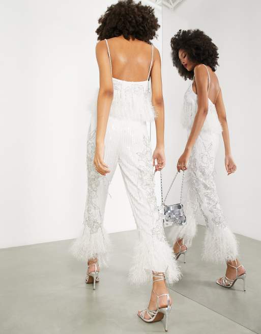 ASOS EDITION floral embellished trouser faux feather hem with in ivory, 2 of 4