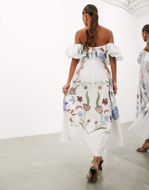 White floral hot sale bardot dress