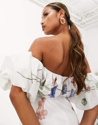 ASOS EDITION floral embroidered bardot puff sleeve midi dress in white |  ASOS