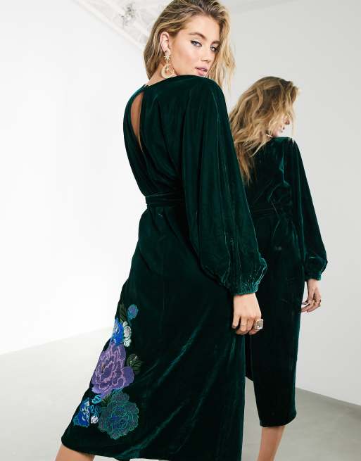 ASOS EDITION floral embroidered belted midi dress in green velvet