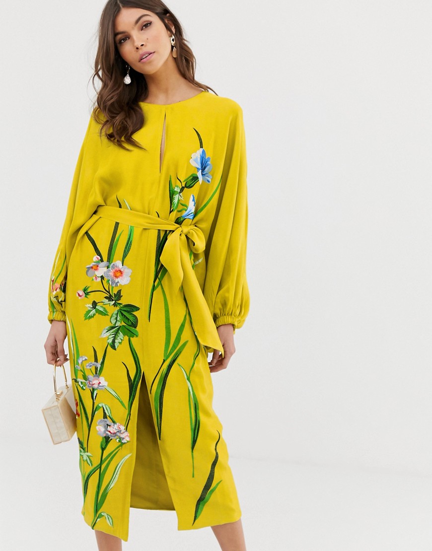 ASOS EDITION floral embroidered belted midi dress in satin-Yellow