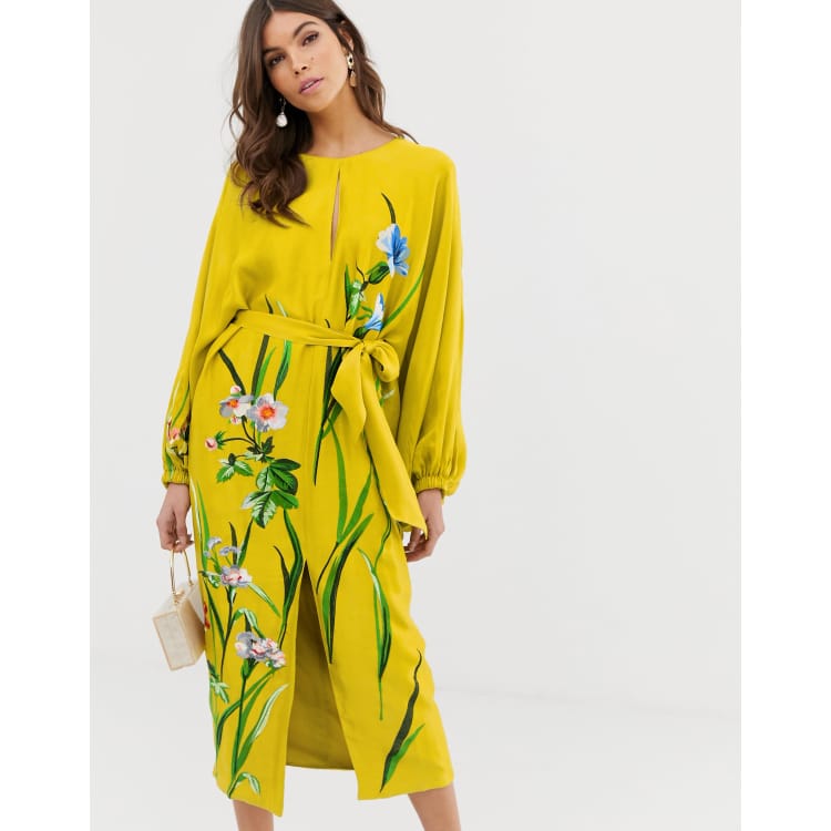 ASOS EDITION floral embroidered belted midi dress in satin | ASOS